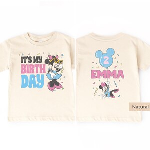 Custom Minnie Mouse birthday shirt natural beige color, personalized birthday girl outfit with name and age, Disney toddler birthday tee front and back view