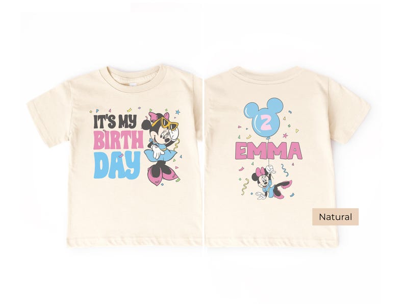 Custom Minnie Mouse birthday shirt natural beige color, personalized birthday girl outfit with name and age, Disney toddler birthday tee front and back view