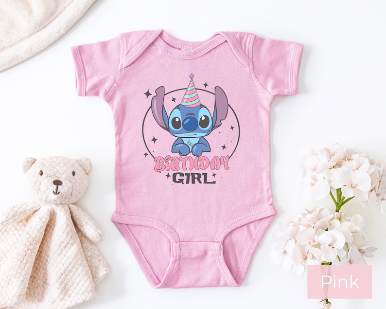 Stitch Birthday Girl Baby Onesie Pink, Cute First Birthday Outfit Infant Bodysuit