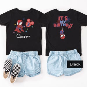 Black kids t-shirt with Spiderman birthday design, custom name print, paired with denim shorts and checkered slip-on shoes, front and back view