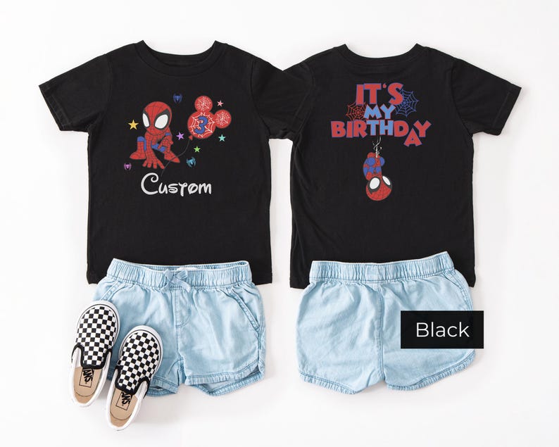 Black kids t-shirt with Spiderman birthday design, custom name print, paired with denim shorts and checkered slip-on shoes, front and back view