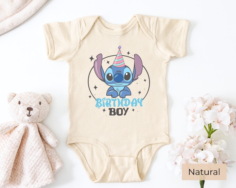 Stitch Birthday Boy Baby Onesie Natural, Cute First Birthday Outfit Infant Bodysuit