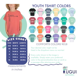 The image is a size chart for youth t-shirt colors, providing measurements in inches for different shirt sizes. It also includes a list of comfortable colors for the t-shirt, along with a message about the availability of every color shown in the image.