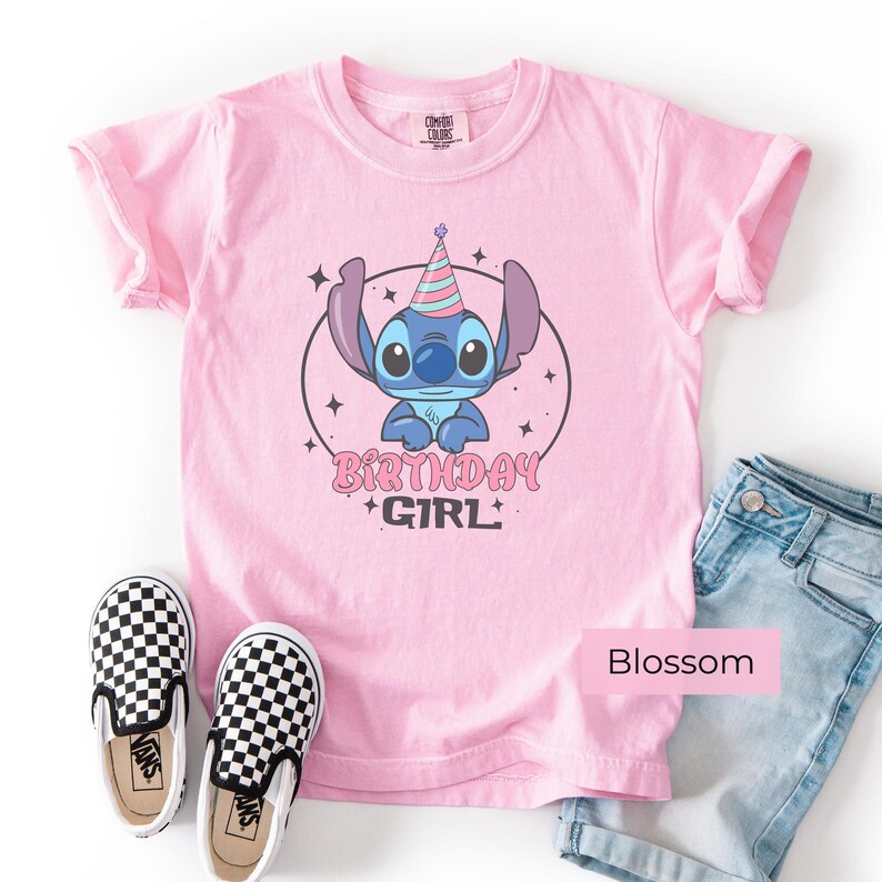 Stitch Birthday Girl Shirt Pink Blossom, Cute Disney Inspired Kids Birthday Tee Outfit Flat Lay