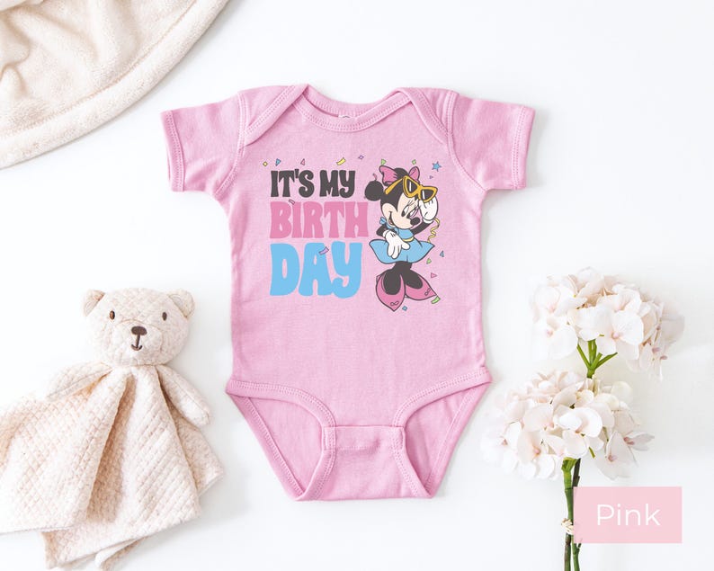 Custom Minnie Mouse baby bodysuit pink color, it's my birthday design, Disney birthday outfit for baby girl, soft cotton infant onesie cute birthday theme