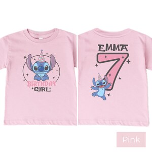 Custom Stitch Birthday Girl Shirt Pink, Personalized Name Age Kids Tee Front and Back Design