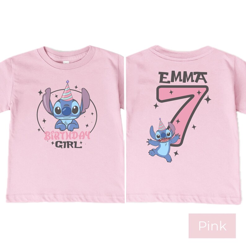 Custom Stitch Birthday Girl Shirt Pink, Personalized Name Age Kids Tee Front and Back Design