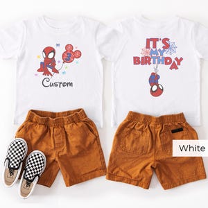 White kids t-shirt with Spiderman birthday design, custom name and age option, front and back print with birthday theme graphics
