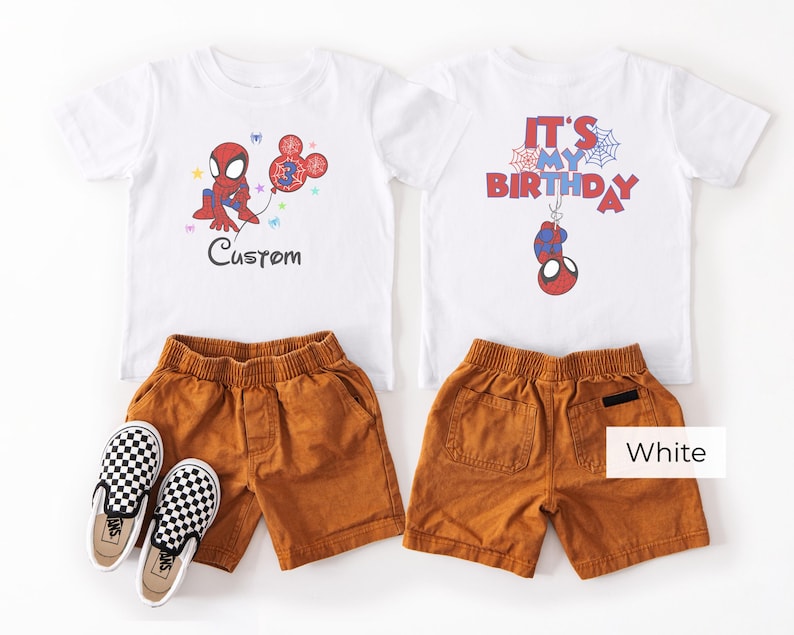 White kids t-shirt with Spiderman birthday design, custom name and age option, front and back print with birthday theme graphics