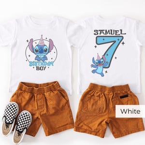 Custom Stitch Birthday Shirt White, Personalized Name Age Kids Tee Front and Back Design