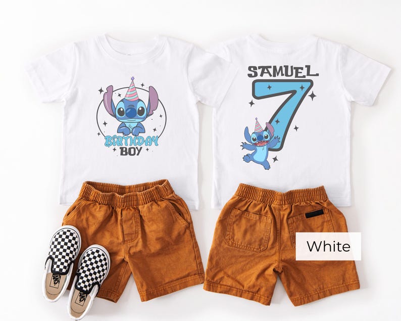 Custom Stitch Birthday Shirt White, Personalized Name Age Kids Tee Front and Back Design