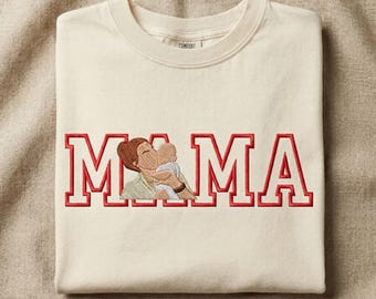 Custom MOM Portrait Embroidered Shirt, Comfort Colors® Family Photo Tees, Gift for Mom
