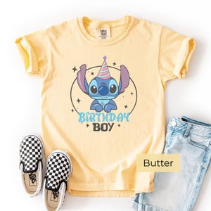 Stitch Birthday Boy Shirt Butter Yellow, Cute Cartoon Kids Birthday Tee Summer Outfit Flat Lay
