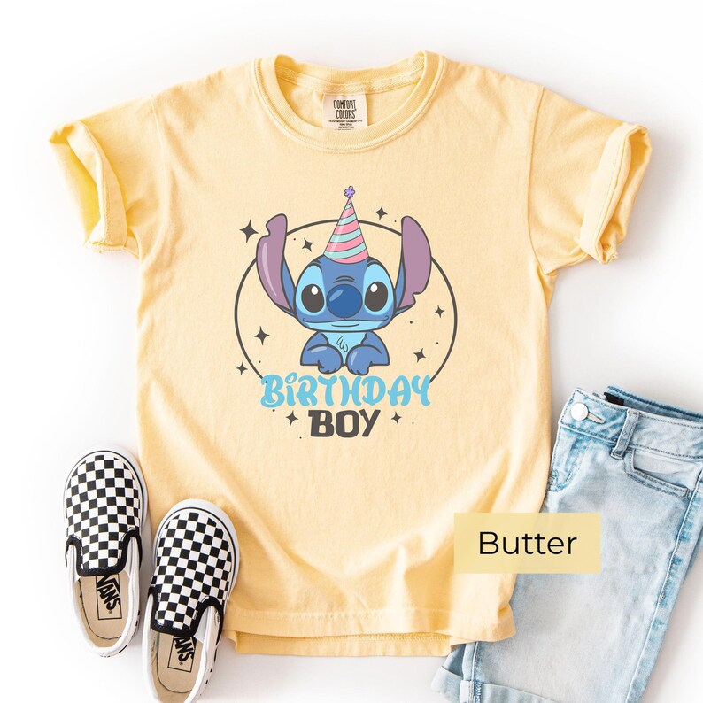 Stitch Birthday Boy Shirt Butter Yellow, Cute Cartoon Kids Birthday Tee Summer Outfit Flat Lay