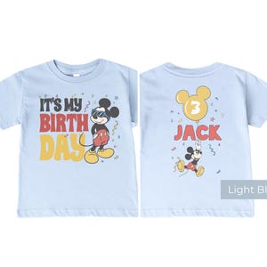 Custom Mickey Mouse birthday shirt light blue color, personalized name and age back print, toddler boy Disney birthday outfit front and back view