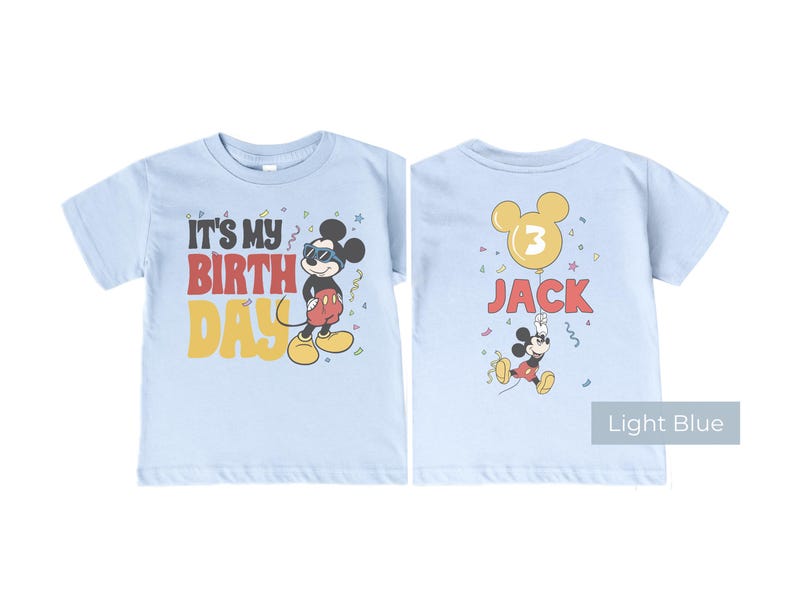 Custom Mickey Mouse birthday shirt light blue color, personalized name and age back print, toddler boy Disney birthday outfit front and back view