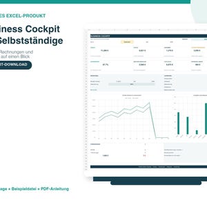 Può includere: Un modello Excel digitale per il cockpit aziendale destinato ai lavoratori autonomi. L'interfaccia mostra dati finanziari, metriche dei clienti e fatture con grafici a linee e a barre. Testo: Business Cockpit für Selbstständige.
