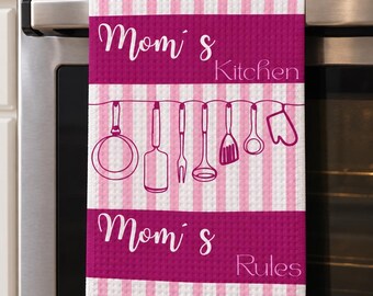 Mom Kitchen Towel, Gift for Mom, Mothers Day Gift, Funny Mom Kitchen Decor, Pink Waffle Tea Towel, Housewarming Gift for Mom