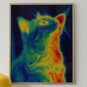 Puede incluir: Una impresión enmarcada de un gato representado en colores de imagen térmica, con azules, verdes, amarillos y rojos. El gato mira hacia arriba. Una lámpara amarilla, un equipo de música y un altavoz están debajo.