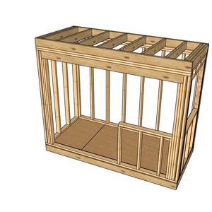 May include: A wooden frame structure, likely for a small building or a room, is shown. The frame is made of light-colored wood, with vertical and horizontal beams forming the walls, floor, and roof. The design appears to be a simplified architectural model.