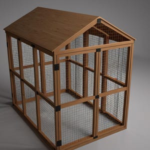 Puede incluir: Un recinto exterior de madera con techo a dos aguas. La estructura es de madera marrón claro y presenta paneles de malla metálica. Las bisagras y cierres negros aseguran el marco. La jaula está diseñada para animales pequeños.