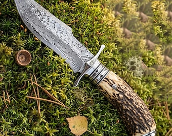 Damascus Hunting Knife, Stag Horn Handle, Outdoor Survival Tool