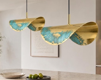 Brass Pendant Light, Handmade Moroccan Wavy Dome Lamp, Golden Blue Patina Hanging Light for Kitchen Island