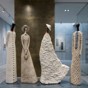 Può includere: Quattro sculture astratte alte e slanciate disposte in fila. La prima indossa un abito bianco a coste con bottoni neri e un colletto arancione. La seconda indossa un abito e un cappello bianchi a motivi. La terza ha un abito e un cappello bianchi testurizzati. La quarta indossa un abito a motivi con una cravatta.