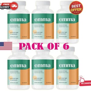 May include: Six white supplement bottles with green and orange labels. The bottles are labeled "emma" and promote regularity, bloating, and gas relief. The text "give your gut a vacation!" is also visible.