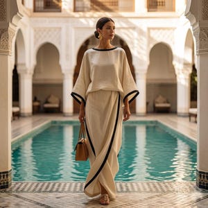 Peut inclure: Un ensemble deux pièces couleur crème composé d'un haut ample à manches larges et d'une jupe longue assortie, tous deux ornés d'un liseré noir distinctif sur les bords. La tenue est accompagnée d'un sac à main structuré beige et de boucles d'oreilles dorées.