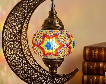 Lampada turca a mosaico, lampada da tavolo a mezzaluna con motivo a stelle, luce notturna bohémien, decorazione esotica per la casa, regalo unico per il Ramadan per la camera da letto - LP02