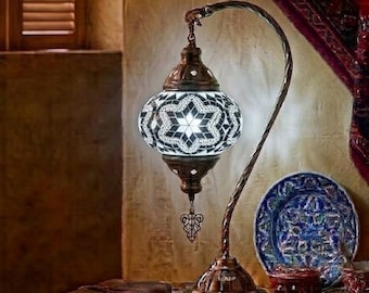 Turkish Mosaic Table Lamp, Swan Neck Moroccan Desk Light with Green & Red Star Pattern, Boho Home Decor, Exotic Ambient Nightligh - LP11