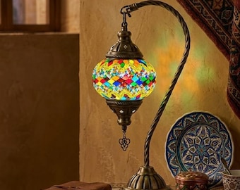 Mosaic Turkish Table Lamp, Colorful Gooseneck Boho Desk Light, Vibrant Mediterranean Decor, Unique Handcrafted Ambient Lighting Gift - LP05