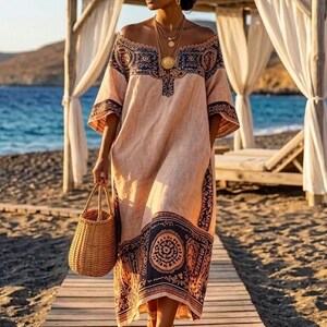 Bohemian Maxi Dress – Off Shoulder Tribal Print Loose Dress, Summer Dress Bohemian, Ethnic Flowy Vacation Dress for Women with Pockets RE13
