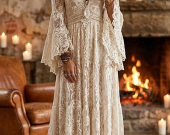 Abito lungo boho in pizzo da donna, abito da sposa bohémien a maniche lunghe, abito lungo da sposa vintage, abito rustico hippie da festival RE03