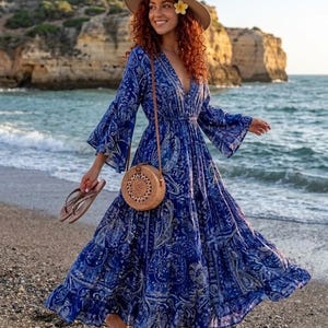 Boho Floral Maxi Dress – V-Neck Flare Sleeve Summer Dress, Flowy Beach Vacation Dress for Women, Bohemian Long Dress with Smocked Waist RE14
