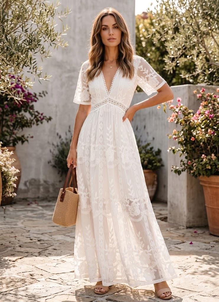 embroidered v neck dress Romantic Sleeveless V-Neck A Line Wedding Dress with Embroidery main image 0