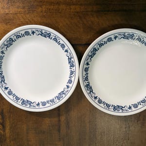 Puede incluir: Dos platos de cerámica blancos con un diseño de borde floral azul. Los platos son redondos y tienen una estética simple y elegante. El patrón floral azul añade un toque de color e interés visual a los platos.