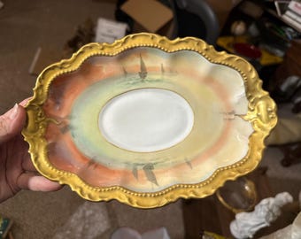 Sällsynt stil Coronet Limoges oval porslin dekorativ fat guldkant kustnära