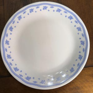 Puede incluir: Un plato de cerámica blanco con un patrón floral azul alrededor del borde. El plato tiene un borde festoneado y un diseño simple y elegante. El patrón floral azul es consistente alrededor de todo el borde.
