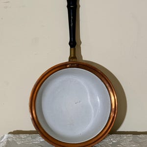 Antique Copper and White Enamel Pan Handle Stamped pat May 23 1899