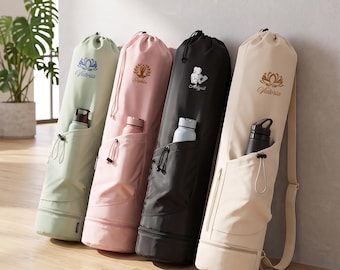 Bolsa personalizada para esterilla de yoga con nombre, bolsa minimalista para pilates para mujer, bolsa personalizada para estudio de yoga con bolsillo para botella, regalo para yoguis