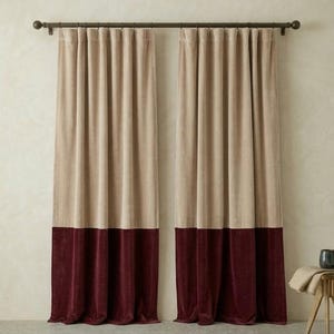 Farbblock-Samtvorhänge, zweifarbige Vorhänge in Beige und Burgunderrot, benutzerdefinierte Fensterbehandlungen für Wohnzimmer, modernes Boho-Schlafzimmerdekor
