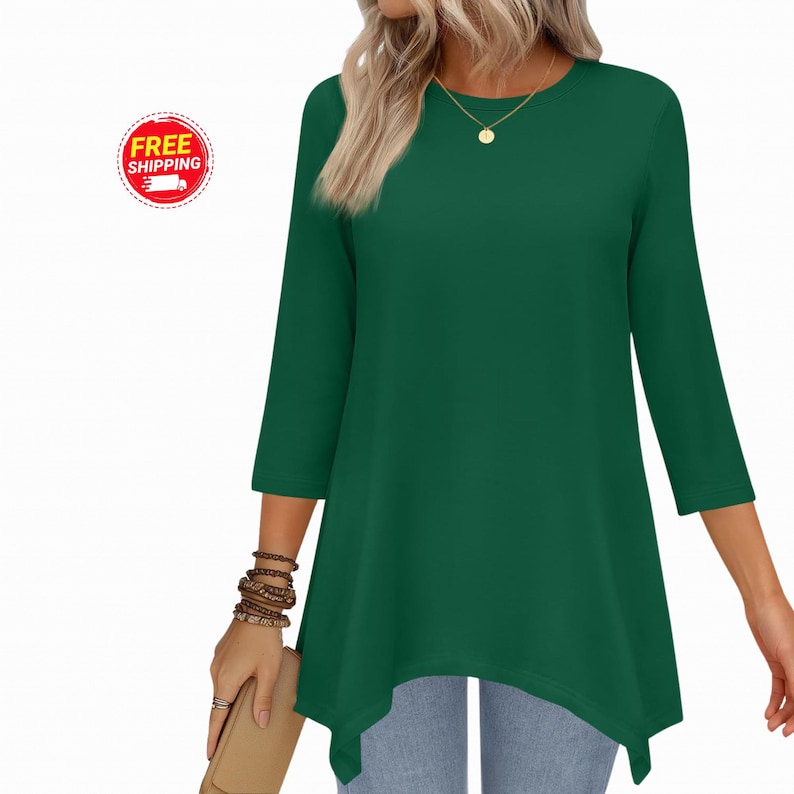 Womens 3/4 Sleeve Tunic Top Loose Fit Asymmetrical Hem Dressy Casual ...