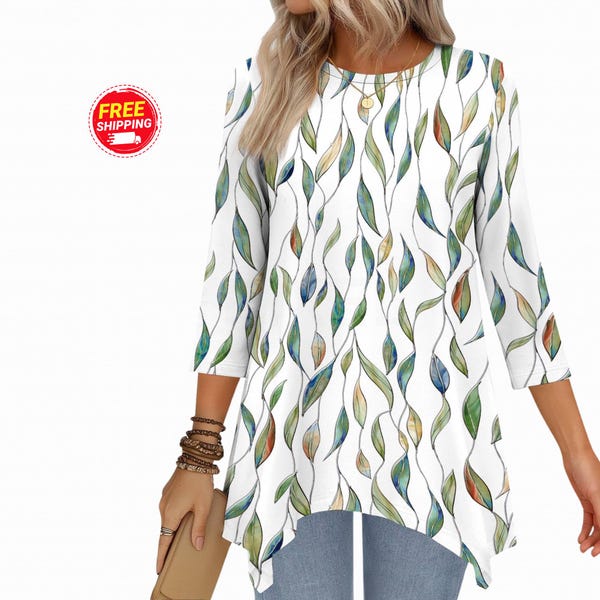 Top a tunica da donna a maniche a 3/4, vestibilità ampia, orlo asimmetrico, elegante e casual, taglie S-3XL