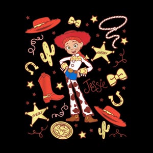 May include: A cartoon illustration of Jessie from Toy Story on a black background. Jessie is wearing a white shirt, blue jeans, and cow-print pants. The image includes cowboy-themed elements like hats, stars, and a lasso. The name "Jessie" is written in cursive.