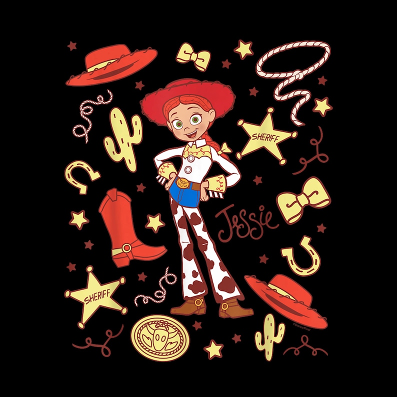 May include: A cartoon illustration of Jessie from Toy Story on a black background. Jessie is wearing a white shirt, blue jeans, and cow-print pants. The image includes cowboy-themed elements like hats, stars, and a lasso. The name "Jessie" is written in cursive.