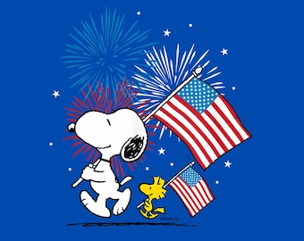 Peanuts Snoopy & Woodstock American Flags and Fireworks – Patriotic Cartoon PNG (Instant Download)