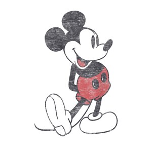 May include: A distressed graphic of Mickey Mouse in a walking pose. The cartoon character is depicted in black, white, and red, with a textured, vintage aesthetic. Mickey's iconic ears, face, and shorts are clearly visible against a white background.