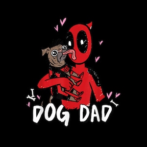 Puede incluir: Ilustración de dibujos animados sobre un fondo negro. Una figura roja, similar a Deadpool, sostiene un perro pequeño. El perro saca la lengua, y la figura también. Las palabras "DOG DAD" están escritas en blanco.